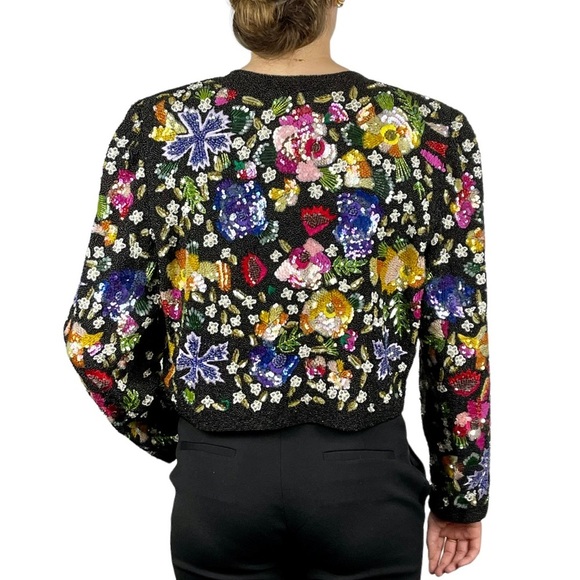 LAURENCE KAZAR VINTAGE BEAD EMBELLISHED EMBROIDERED HEAVY FLORAL EVENING JACKET - Picture 3 of 15